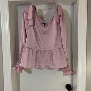 Eloquii Shirt sz 20 Pink Tunic Long sleeve With Bow On Shoulders Satin look Top